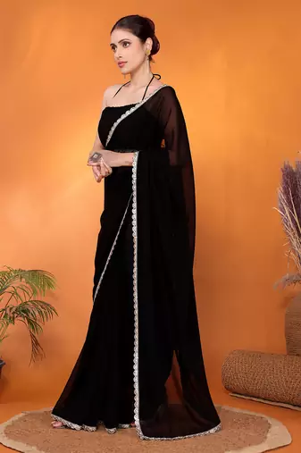 Black embellished pure georgette bollywood saree with blouse piece