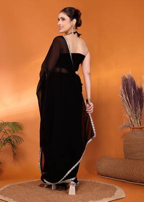 Black embellished pure georgette bollywood saree with blouse piece 3