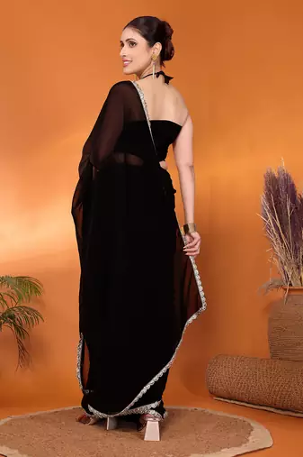 Black embellished pure georgette bollywood saree with blouse piece
