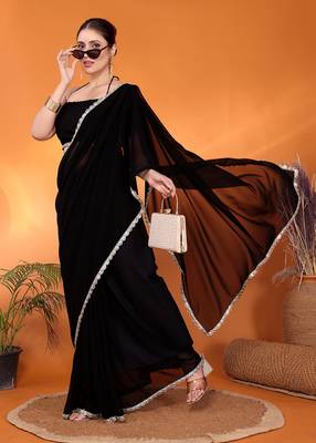 Black embellished pure georgette bollywood saree with blouse piece 4