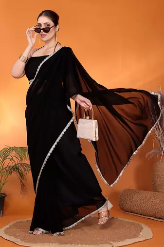 Black embellished pure georgette bollywood saree with blouse piece
