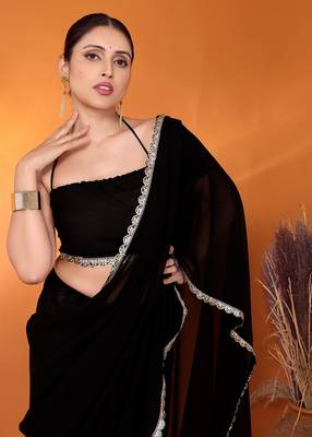 Black embellished pure georgette bollywood saree with blouse piece 5