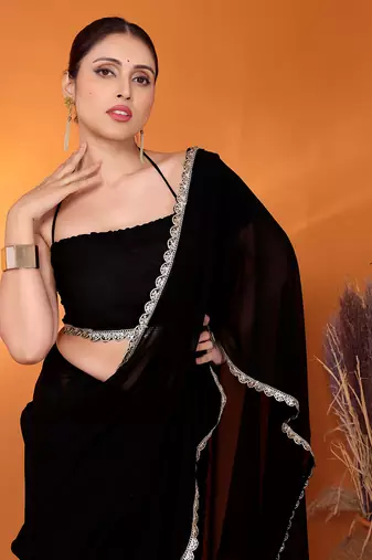 Black embellished pure georgette bollywood saree with blouse piece