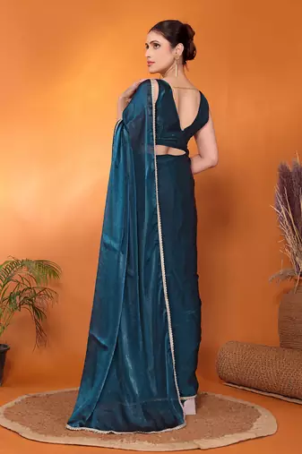 Teal embellished silk blend bollywood saree with blouse piece