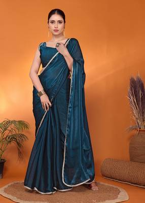 Teal embellished silk blend bollywood saree with blouse piece 3