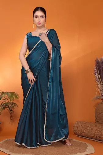 Teal embellished silk blend bollywood saree with blouse piece