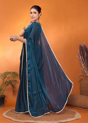 Teal embellished silk blend bollywood saree with blouse piece 4