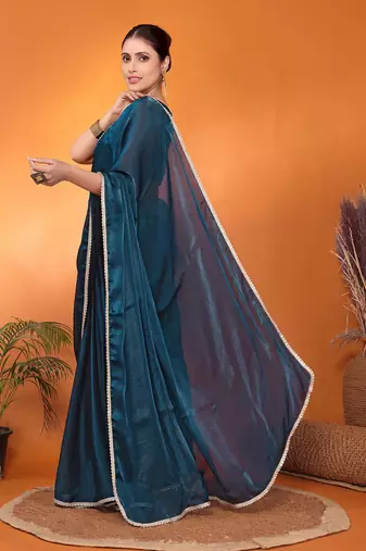 Teal embellished silk blend bollywood saree with blouse piece