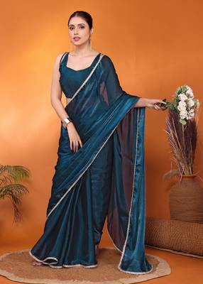 Teal embellished silk blend bollywood saree with blouse piece 1