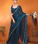 Teal embellished silk blend bollywood saree with blouse piece