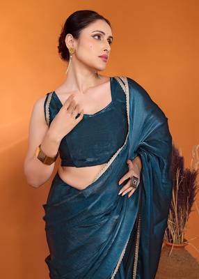 Teal embellished silk blend bollywood saree with blouse piece 5