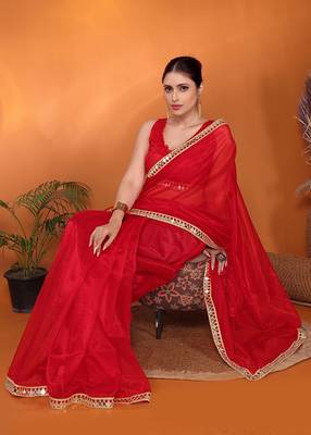 Red embellished organza bollywood saree with blouse piece 1