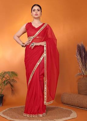 Red embellished organza bollywood saree with blouse piece 2