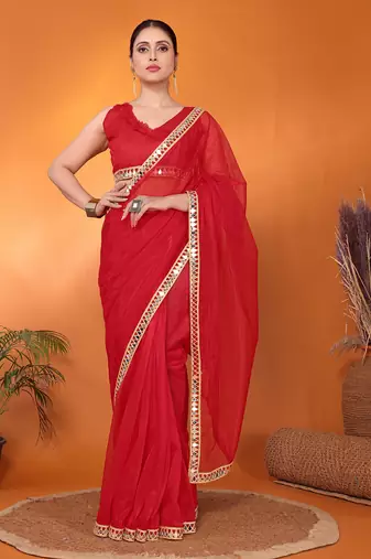 Red embellished organza bollywood saree with blouse piece