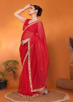 Red embellished organza bollywood saree with blouse piece 3