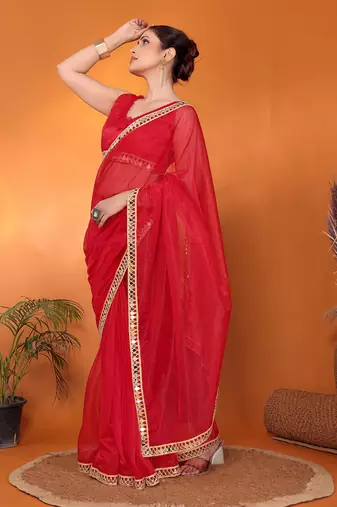 Red embellished organza bollywood saree with blouse piece