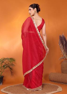 Red embellished organza bollywood saree with blouse piece 4