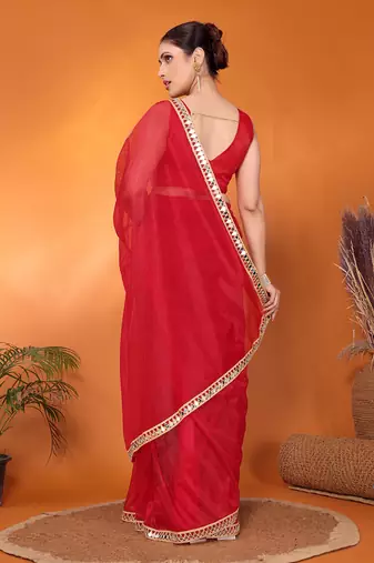 Red embellished organza bollywood saree with blouse piece