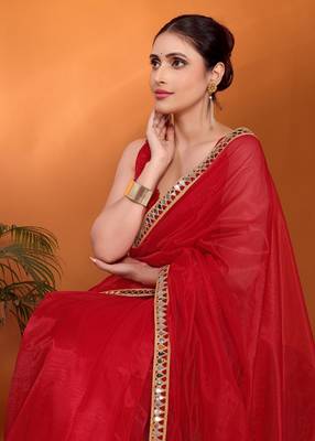 Red embellished organza bollywood saree with blouse piece 5