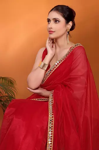 Red embellished organza bollywood saree with blouse piece
