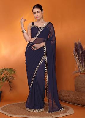 Navy embellished organza bollywood saree with blouse piece 1