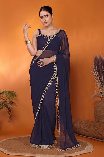 Navy embellished organza bollywood saree with blouse piece