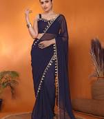 Navy embellished organza bollywood saree with blouse piece