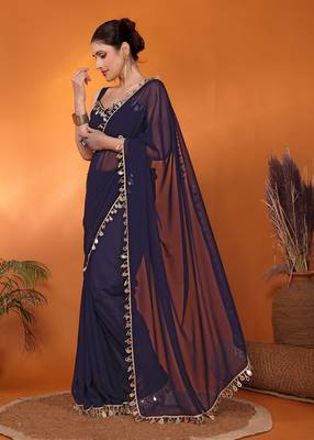 Navy embellished organza bollywood saree with blouse piece 2