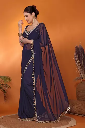 Navy embellished organza bollywood saree with blouse piece