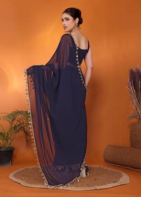 Navy embellished organza bollywood saree with blouse piece 3
