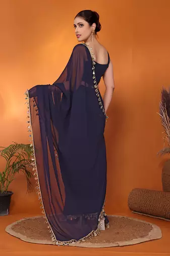 Navy embellished organza bollywood saree with blouse piece