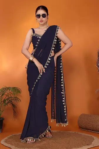 Navy embellished organza bollywood saree with blouse piece
