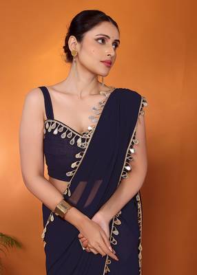 Navy embellished organza bollywood saree with blouse piece 5