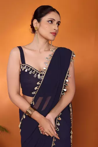 Navy embellished organza bollywood saree with blouse piece