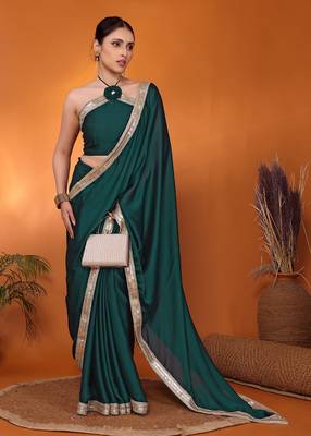 Green embellished pure silk bollywood saree with blouse piece 1