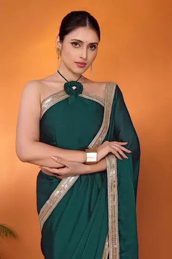 Green embellished pure silk bollywood saree with blouse piece