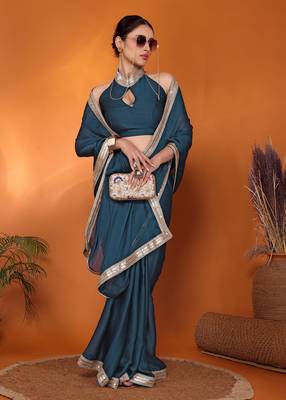 Teal embellished pure silk bollywood saree with blouse piece 1