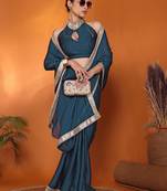 Teal embellished pure silk bollywood saree with blouse piece