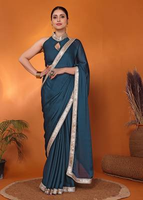 Teal embellished pure silk bollywood saree with blouse piece 2