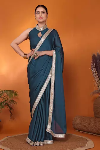 Teal embellished pure silk bollywood saree with blouse piece
