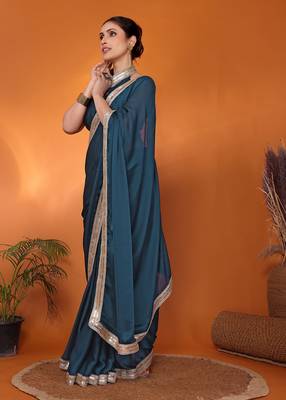 Teal embellished pure silk bollywood saree with blouse piece 3