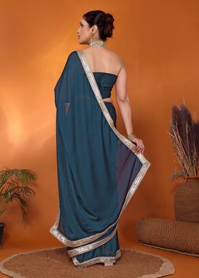 Teal embellished pure silk bollywood saree with blouse piece 4