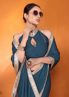 Teal embellished pure silk bollywood saree with blouse piece 5