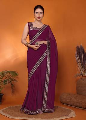 Purple embellished pure georgette bollywood saree with blouse piece 1