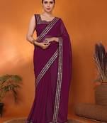 Purple embellished pure georgette bollywood saree with blouse piece