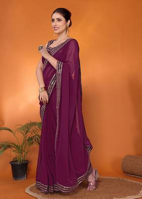 Purple embellished pure georgette bollywood saree with blouse piece 2