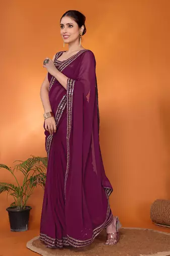 Purple embellished pure georgette bollywood saree with blouse piece