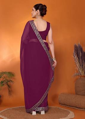 Purple embellished pure georgette bollywood saree with blouse piece 3