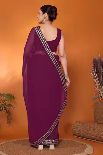 Purple embellished pure georgette bollywood saree with blouse piece