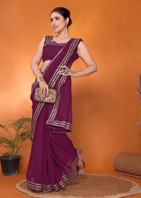 Purple embellished pure georgette bollywood saree with blouse piece 4